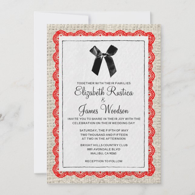 Red & Black Country Burlap Wedding Invitations (Front)
