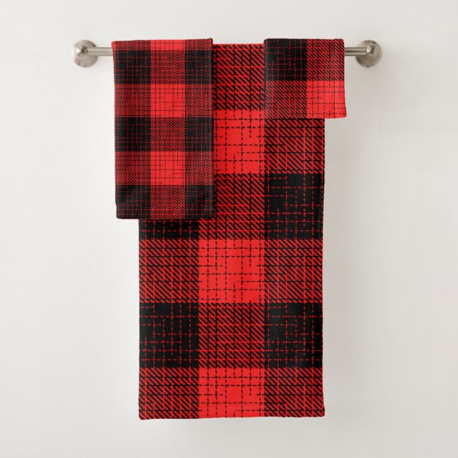  Red Black Crosshatch Buffalo Check Bath Towel Set (Insitu)