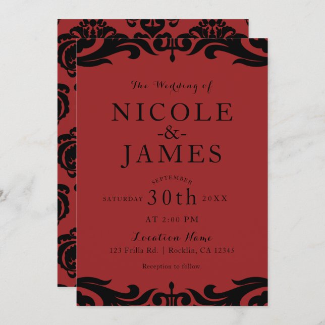 Red & Black Damask Chic Elegant Minimal Wedding Invitation (Front/Back)