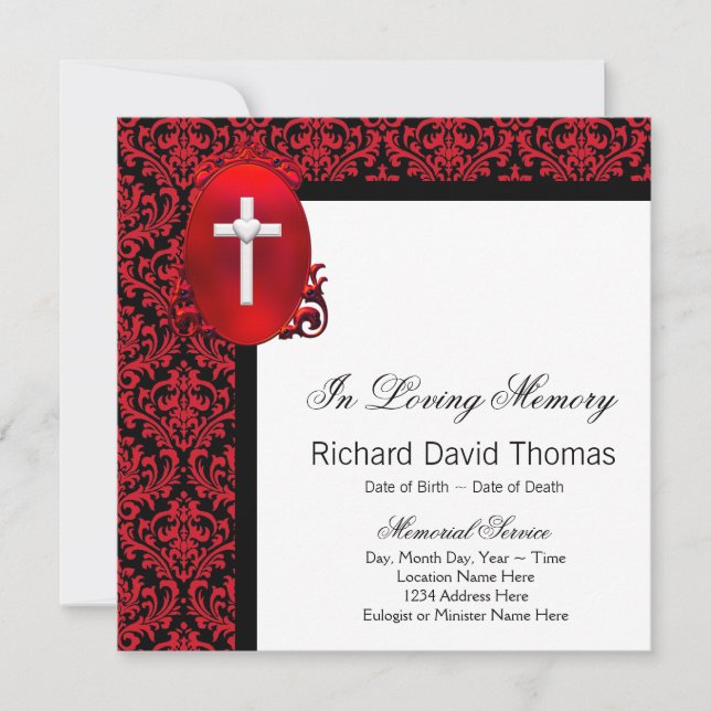 Red Black Damask Cross In Loving Memory Memorial Announcement (Front)
