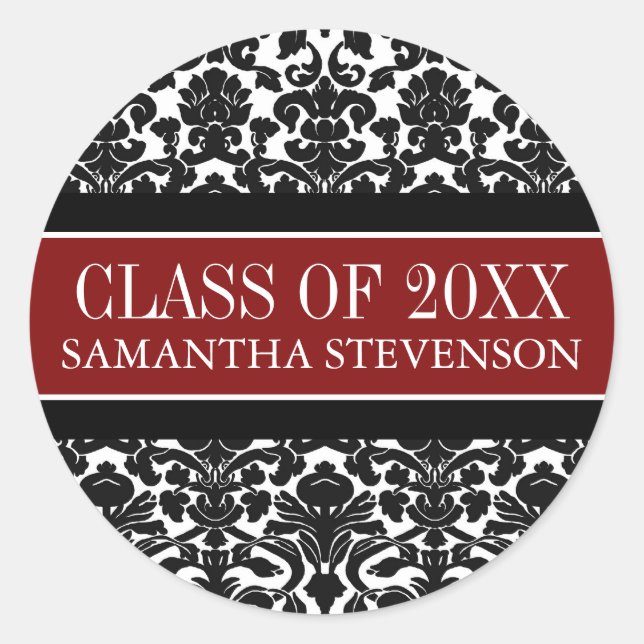 Red Black Damask Graduation Custom Year Name Classic Round Sticker (Front)