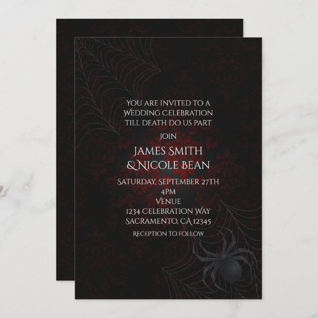Red & Black Damask Halloween Spider Invitations (Front/Back)
