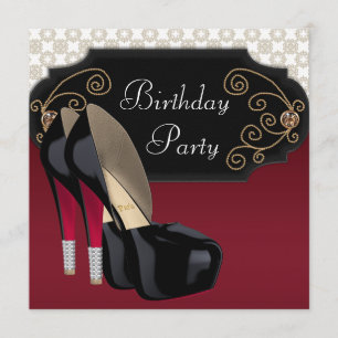 Red Black Damask High Heel Shoes Birthday Party Invitation