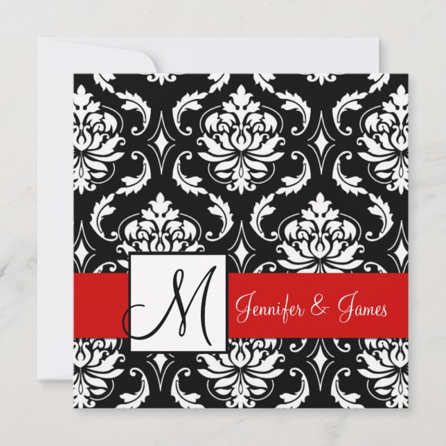 Red Black Damask Initial Wedding Invitation (Front)