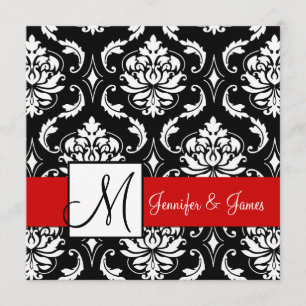 Red Black Damask Initial Wedding Invitation