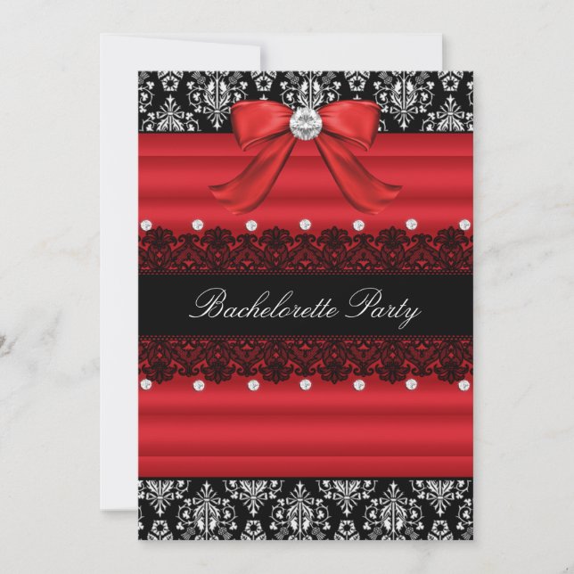 Red & Black Damask Lace Bachelorette Party Invite (Front)