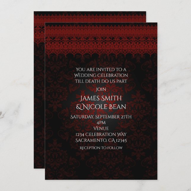 Red Black Damask & Lace Gothic Romantic Invitation (Front/Back)