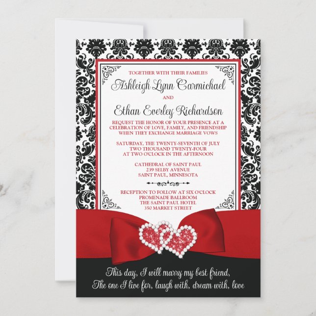Red, Black Damask Love Hearts Wedding Invitation (Front)