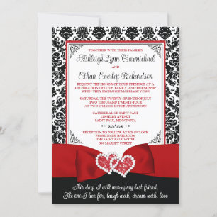 Red, Black Damask Love Hearts Wedding Invitation