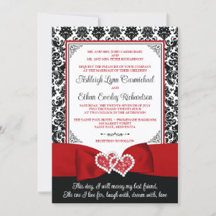 Red, Black Damask Love Hearts Wedding Invitation