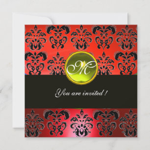RED BLACK  DAMASK MONOGRAM, yellow topaz Invitation