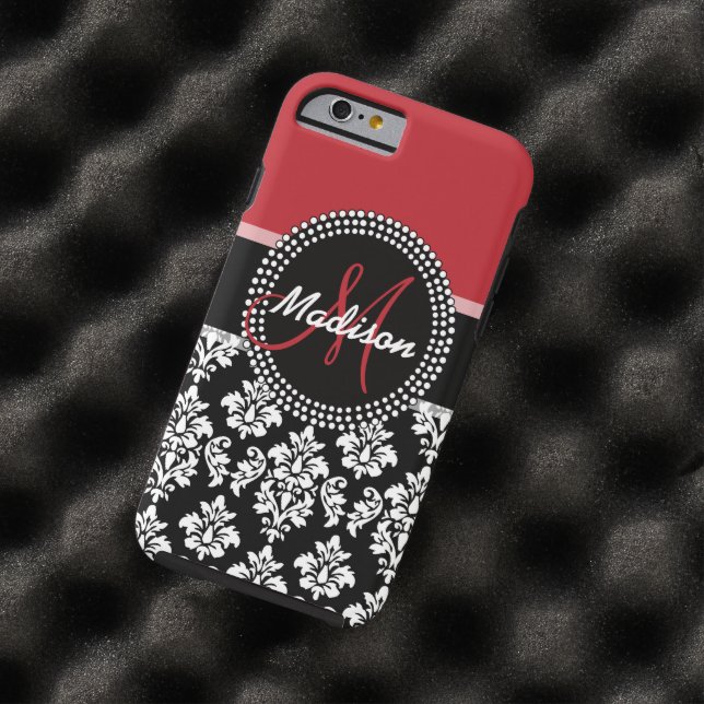 Red Black Damask Pattern, Your Name Monogram Case-Mate iPhone Case (In Situ)