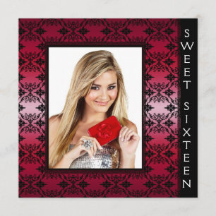 Red Black Damask Photo Sweet 16 Birthday Party Invitation