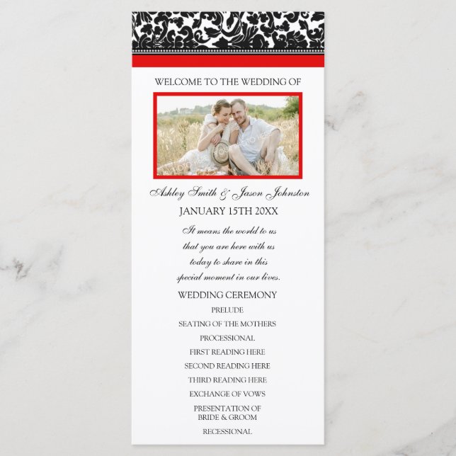 Red Black Damask Photo Wedding Program (Front)