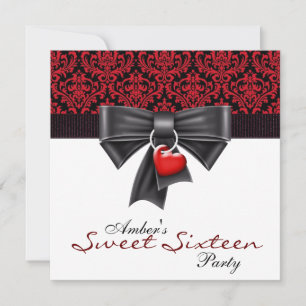 Red Black Damask Sweet 16 Birthday Party Invitation