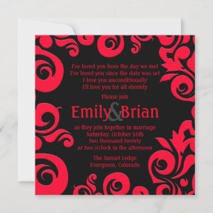 Red black damask swirl wedding invitations