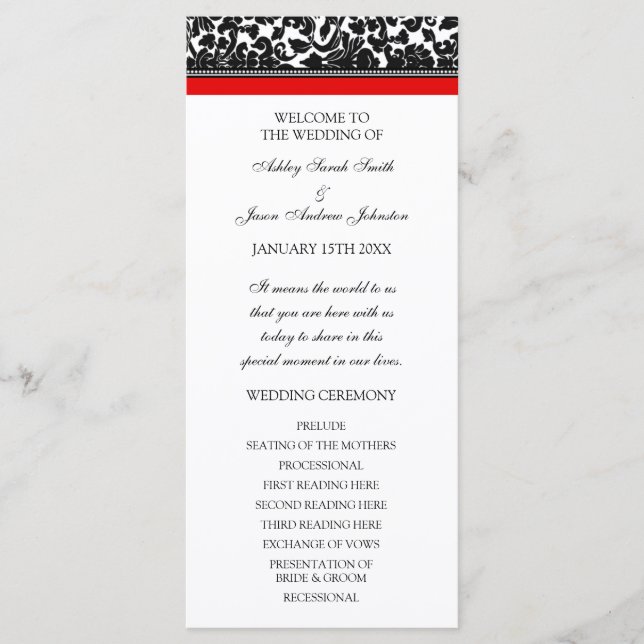 Red Black Damask Wedding Program (Front)