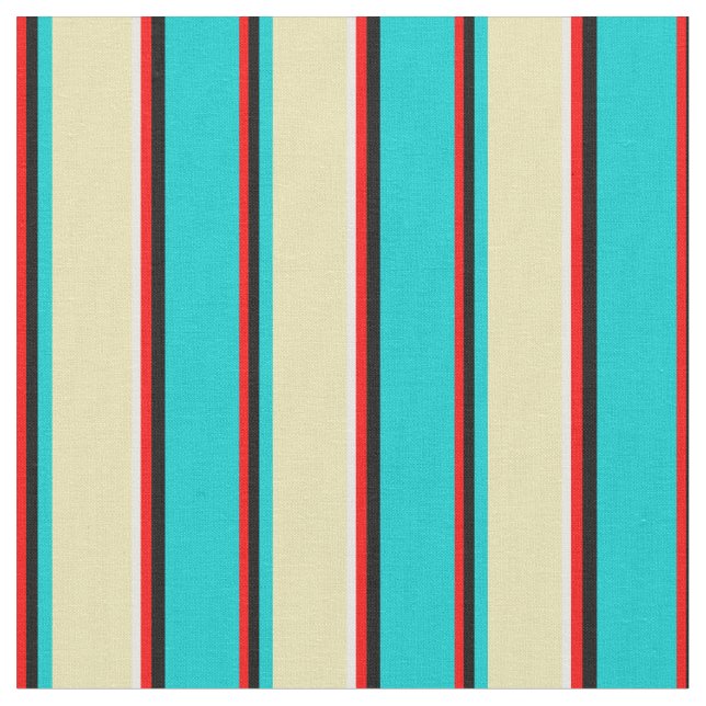 Red, Black, Dark Turquoise, Tan & White Pattern Fabric (Close Up)