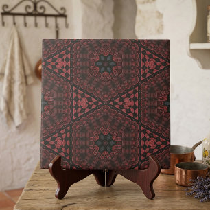 Red Black Detailed Floral Geometric Pattern Ceramic Tile