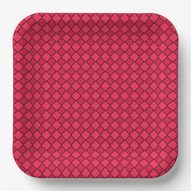 Red Black Diamond Chequered Pattern Paper Plate (Front)