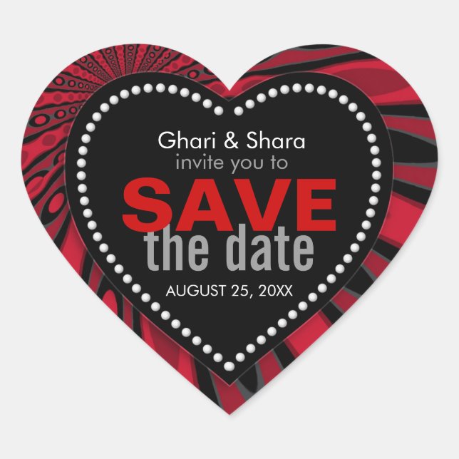 Red Black Diva Tribal Save the Date Heart Sticker (Front)