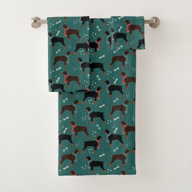 Red & Black Dobermans in Scarves Winter Pattern Bath Towel Set (Insitu)