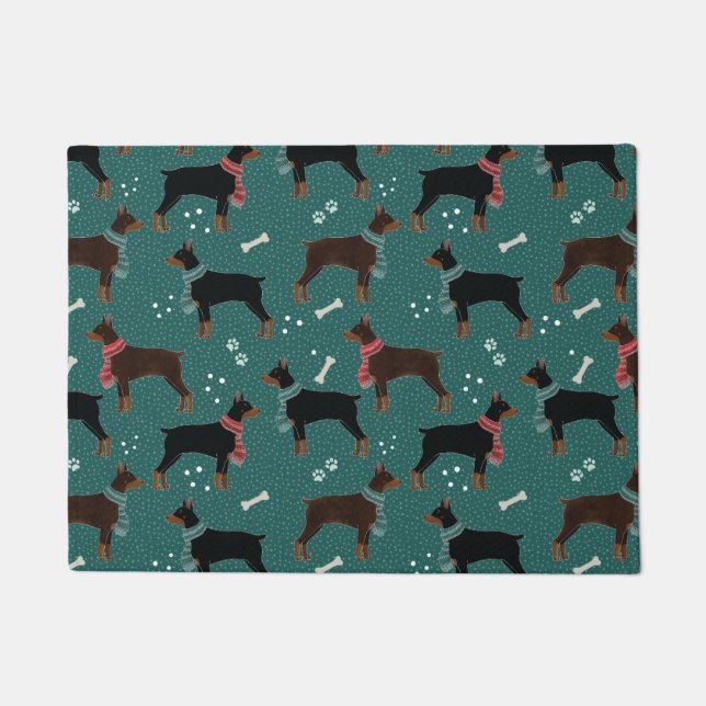 Red & Black Dobermans in Scarves Winter Pattern Doormat (Front)