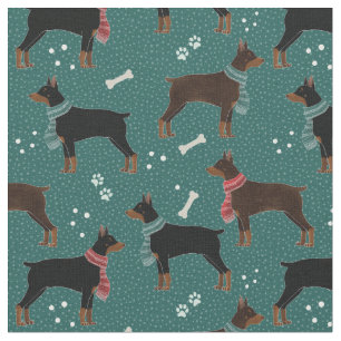 Red & Black Dobermans in Scarves Winter Pattern Fabric
