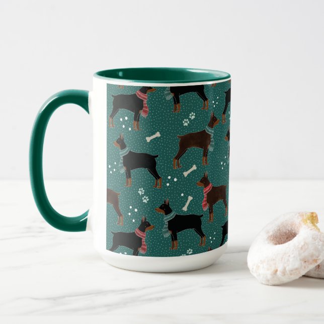 Red & Black Dobermans in Scarves Winter Pattern Mug (With Donut)