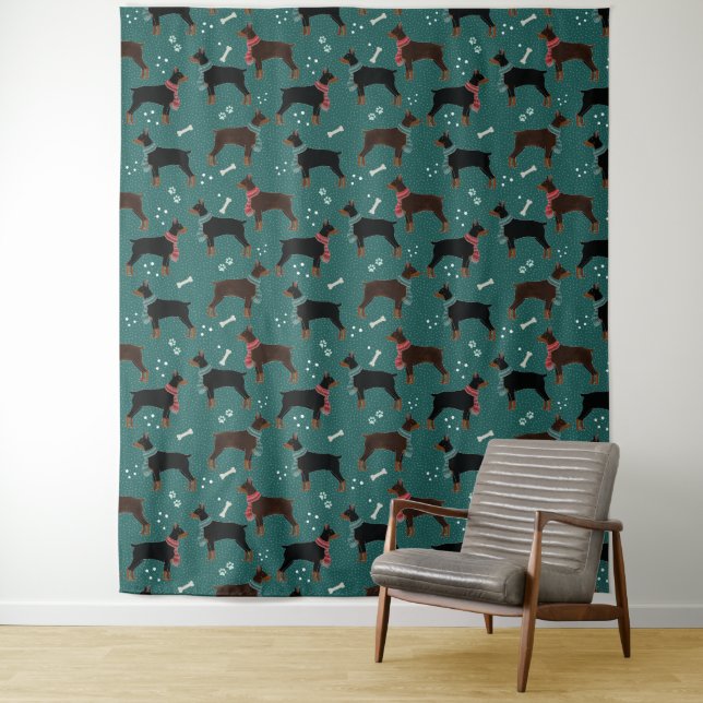 Red & Black Dobermans in Scarves Winter Pattern Tapestry (In Situ)