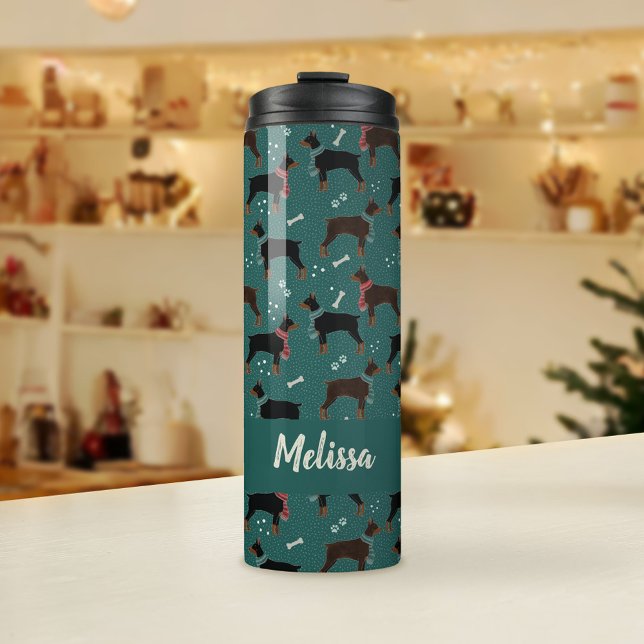 Red & Black Dobermans in Scarves Winter Pattern Thermal Tumbler (Winter Dobermans Thermal Tumbler )