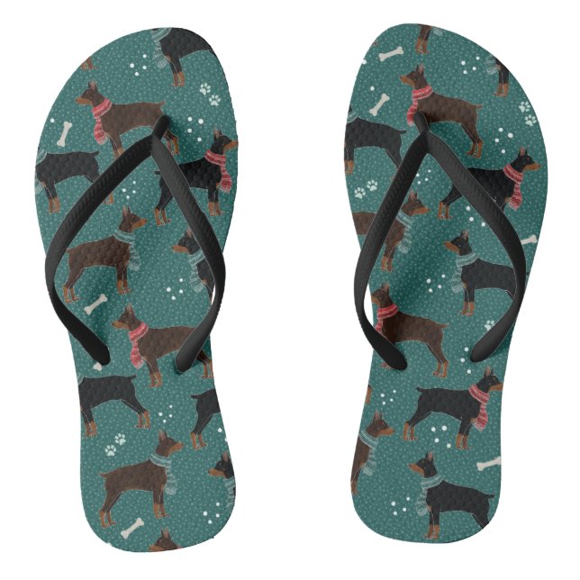 Red & Black Dobermans in Scarves Winter Pattern Thongs (Footbed)
