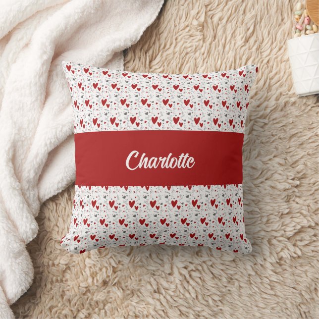 Red Black Doodle Hearts Retro Monogram Name Cushion (Blanket)