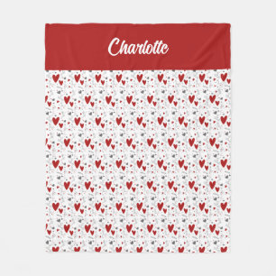 Red Black Doodle Hearts Retro Monogram Name Fleece Blanket
