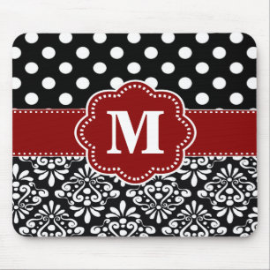 Red Black Dots Damask Monogram Mouse Pad. Mouse Pad