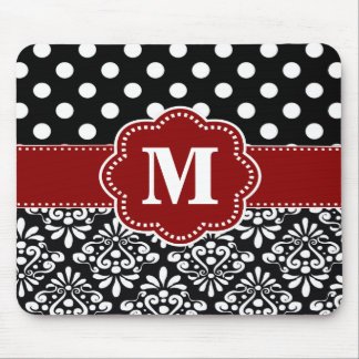 Red Black Dots Damask Monogram Mouse Pad. Pad