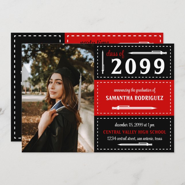 Red & Black Dotted Boxes and Pencils Graduation Invitation (Front/Back)