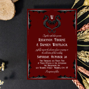 Red Black Dragon Monogram Fantasy Wedding Invitation