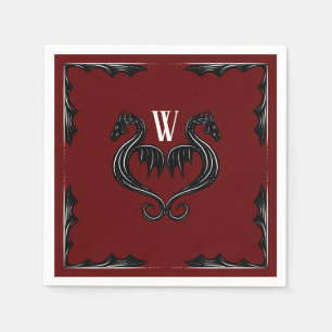 Red Black Dragon Monogram Fantasy Wedding Napkin