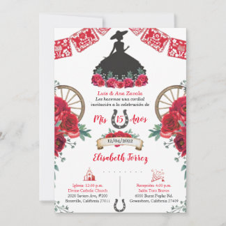 Red Black Dress Charra Invitation, Charro Mexican