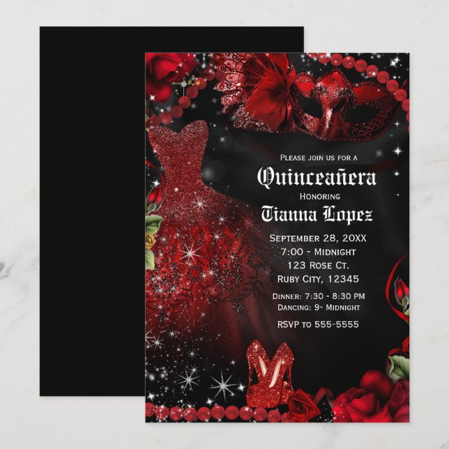 Red & Black Dress Masquerade Quinceañera 15 Party Invitation (Front/Back)