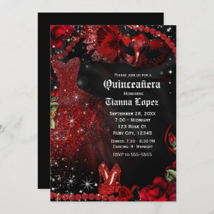 Red & Black Dress Masquerade Quinceañera 15 Party Invitation