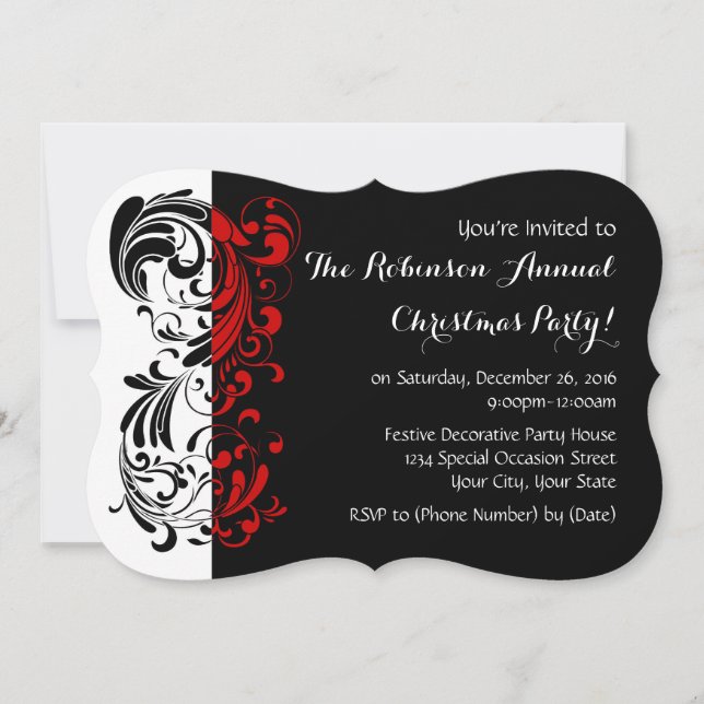 Red+Black Elegant Swirl Holiday Party Invitations (Front)