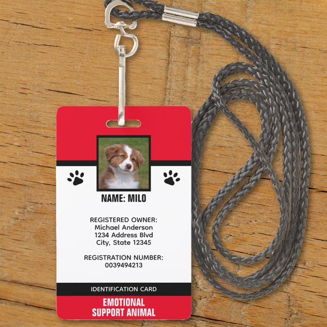 Red & Black Emotional Support Service Animal ID ID Badge (red white and black emotional support animal service dog id badge)