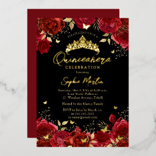 Red Black Enchanting Floral Butterfly Quinceanera