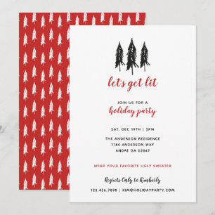 Red & Black Evergreen Tree Pattern Holiday Party Invitation