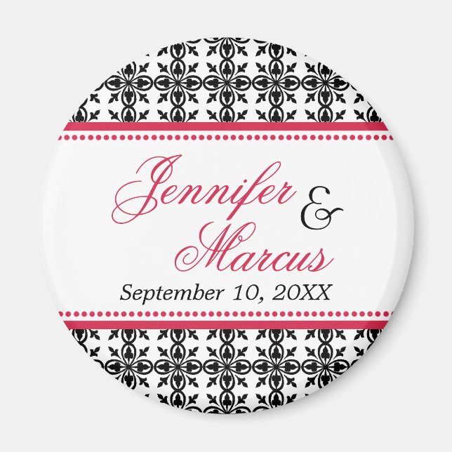 Red black filigree fancy wedding save the date magnet (Front)