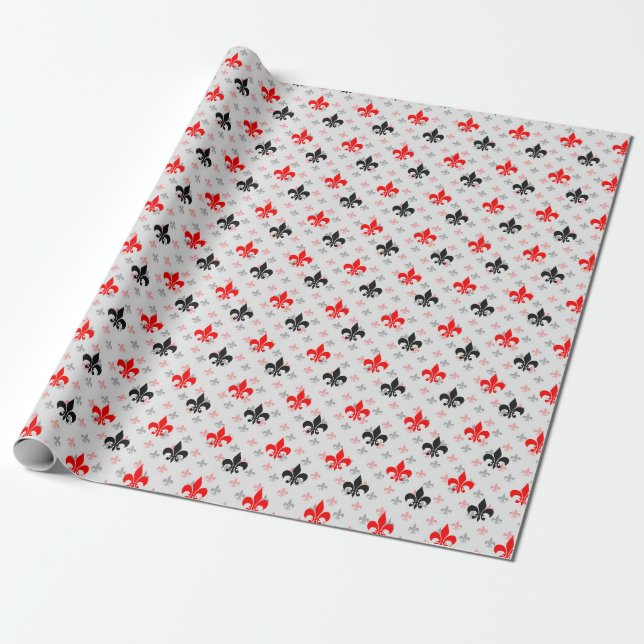Red Black Fleur De Lis Wrapping Paper (Unrolled)