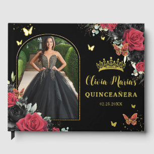 Red & Black Floral Butterflies Quinceañera Photo Guest Book