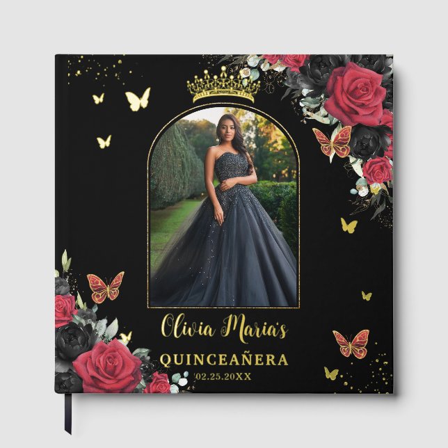Red Black Floral Butterflies Quinceañera Picture Guest Book (Front)